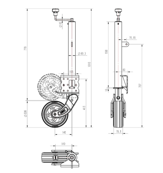 60 mm Auto-lift, extra HDG, 500kg, 230x80 tyre-P/N KJW6015