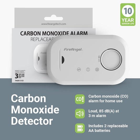 FireAngel Carbon Monoxide Alarm and Detector - FA6813 10-Year Sensor Life CO Alarm for Home with AA Batteries