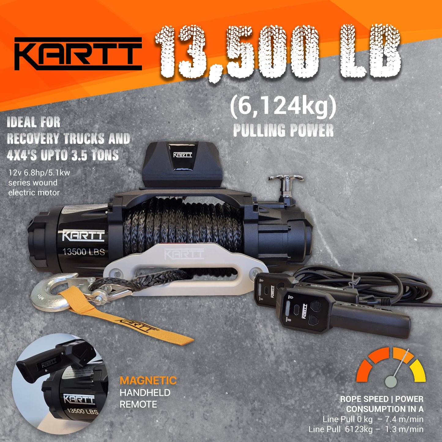 13500 lbs 12v Electric Winch Synthetic EN Certified