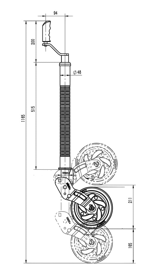48 mm Jockey Wheel, Auto-Lift Ribbed HD - Max Nose Weight 250 kg