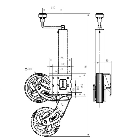 60 mm Compact Auto-lift, Max Nose Wgt: 500kg, 200x50 tyre for KJW6016